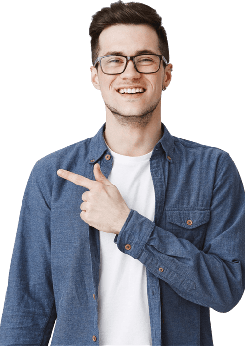 Smiling professional pointing, representing QuickHire job seekers